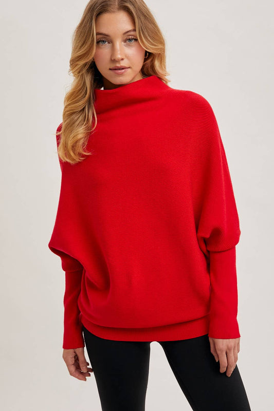 SLOUCH NECK DOLMAN PULLOVER: Red