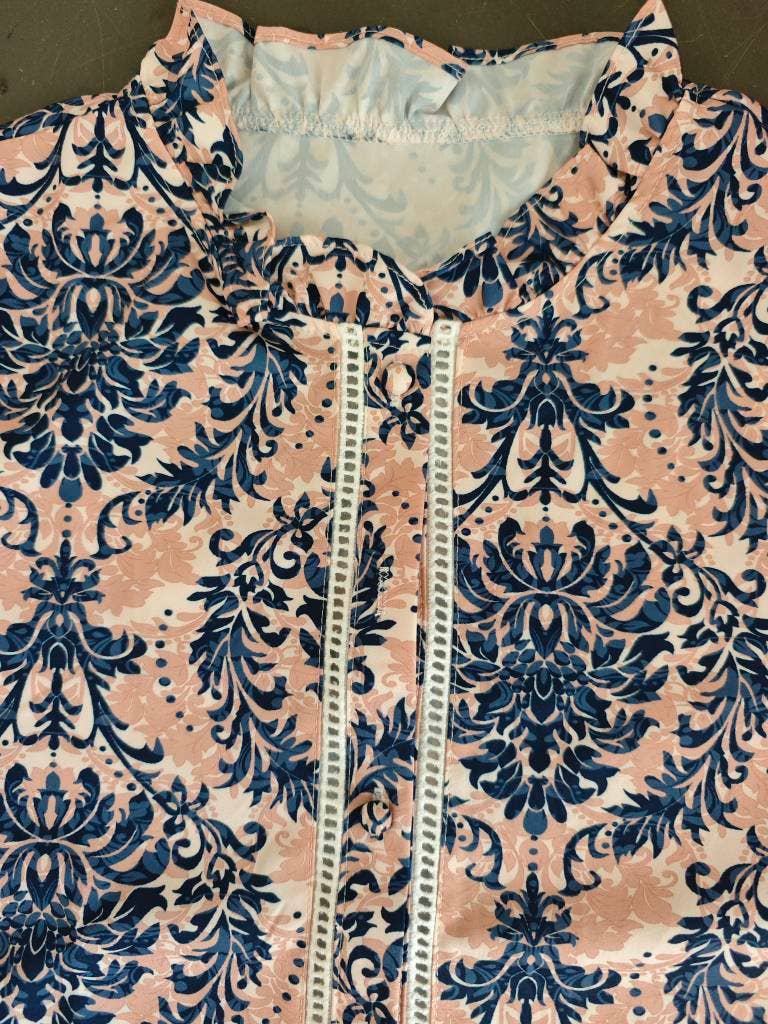 Bohemia Ethnic Floral Print Ruffle Neck Blouse: DarkBlue