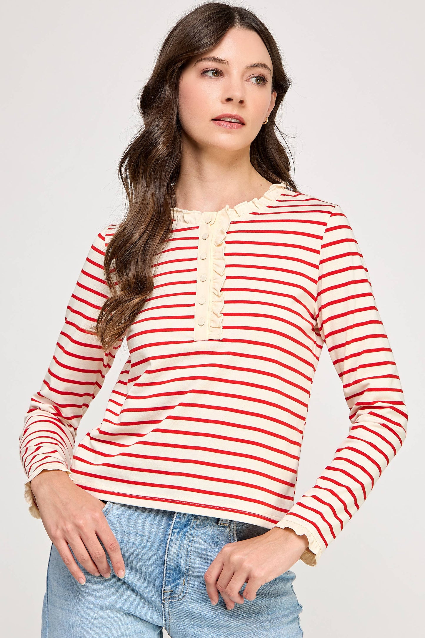 TT-10481-6 RUFFLE DETAIL STRIPED HENLEY TOP-CREAM RED