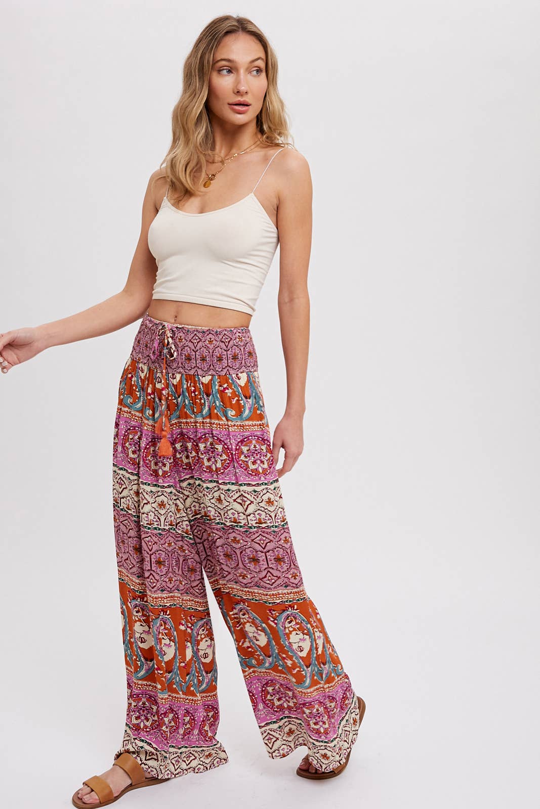 BOHO SMOCKING WAIST WIDE LEG PANTS: PINK/CLAY