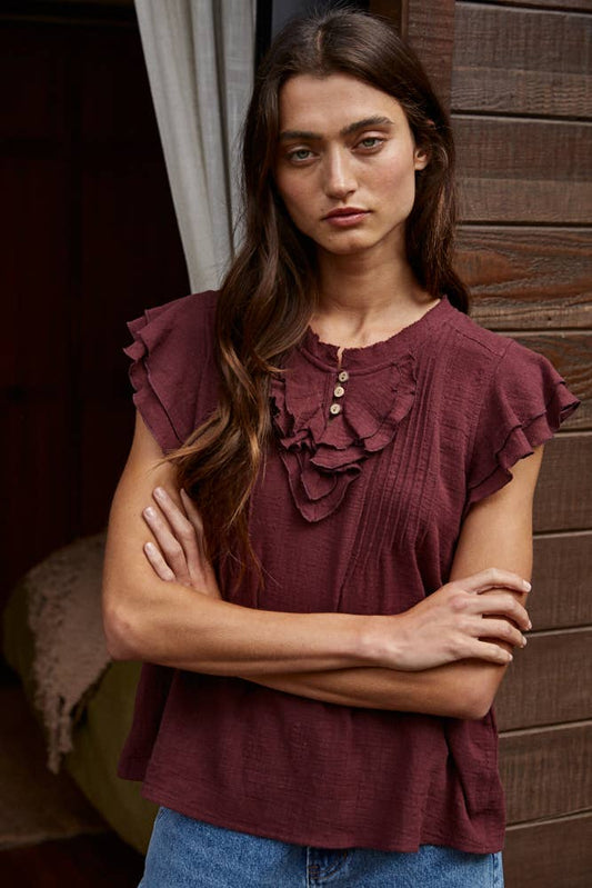 Woven Cotton Linen Button V-Neck Short Sleeve Top: Wine