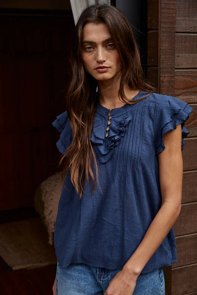 L6502 | Woven Cotton Linen Button V-Neck Short Sleeve Top: Navy