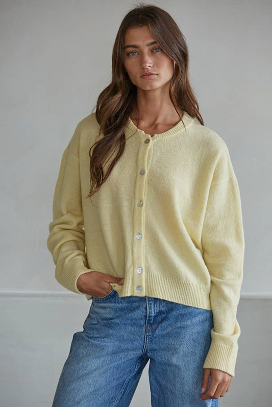Crew Neck Cardigan : Light Yellow