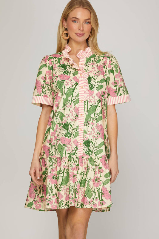 BUTTON DOWN PRINTED SHIRT MINI DRESS