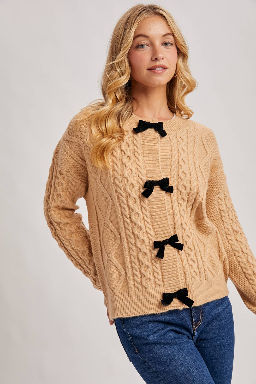 VELVET BOW BUTTON DOWN CABLE KNIT SWEATER CARDIGA