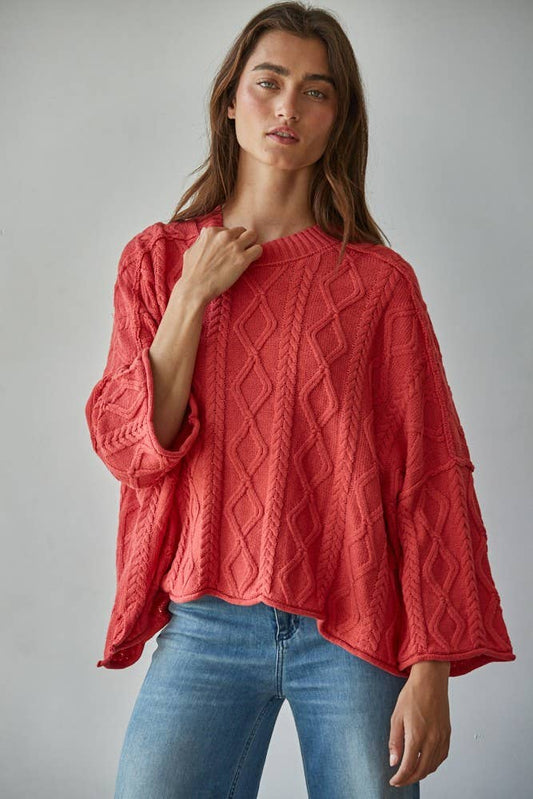 Knit Cable Sweater Cotton 3/4 Sleeve Pullover