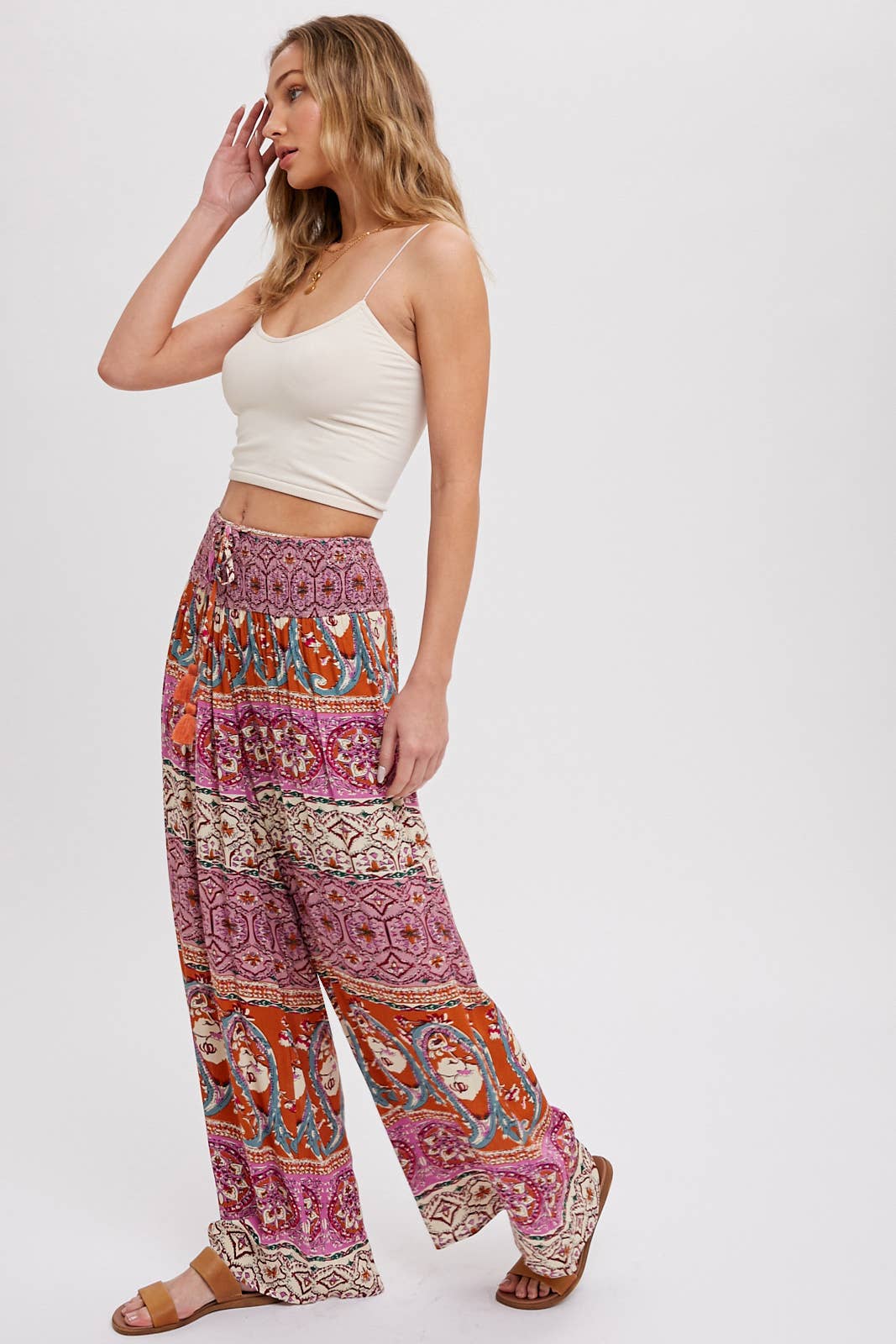 BOHO SMOCKING WAIST WIDE LEG PANTS: PINK/CLAY