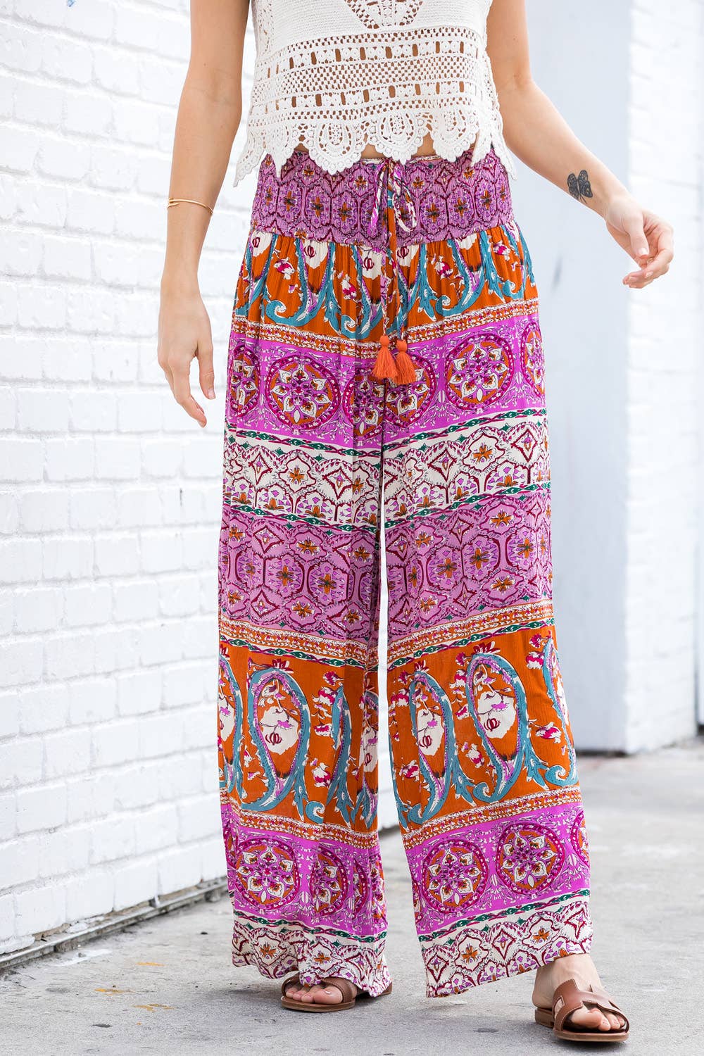 BOHO SMOCKING WAIST WIDE LEG PANTS: PINK/CLAY