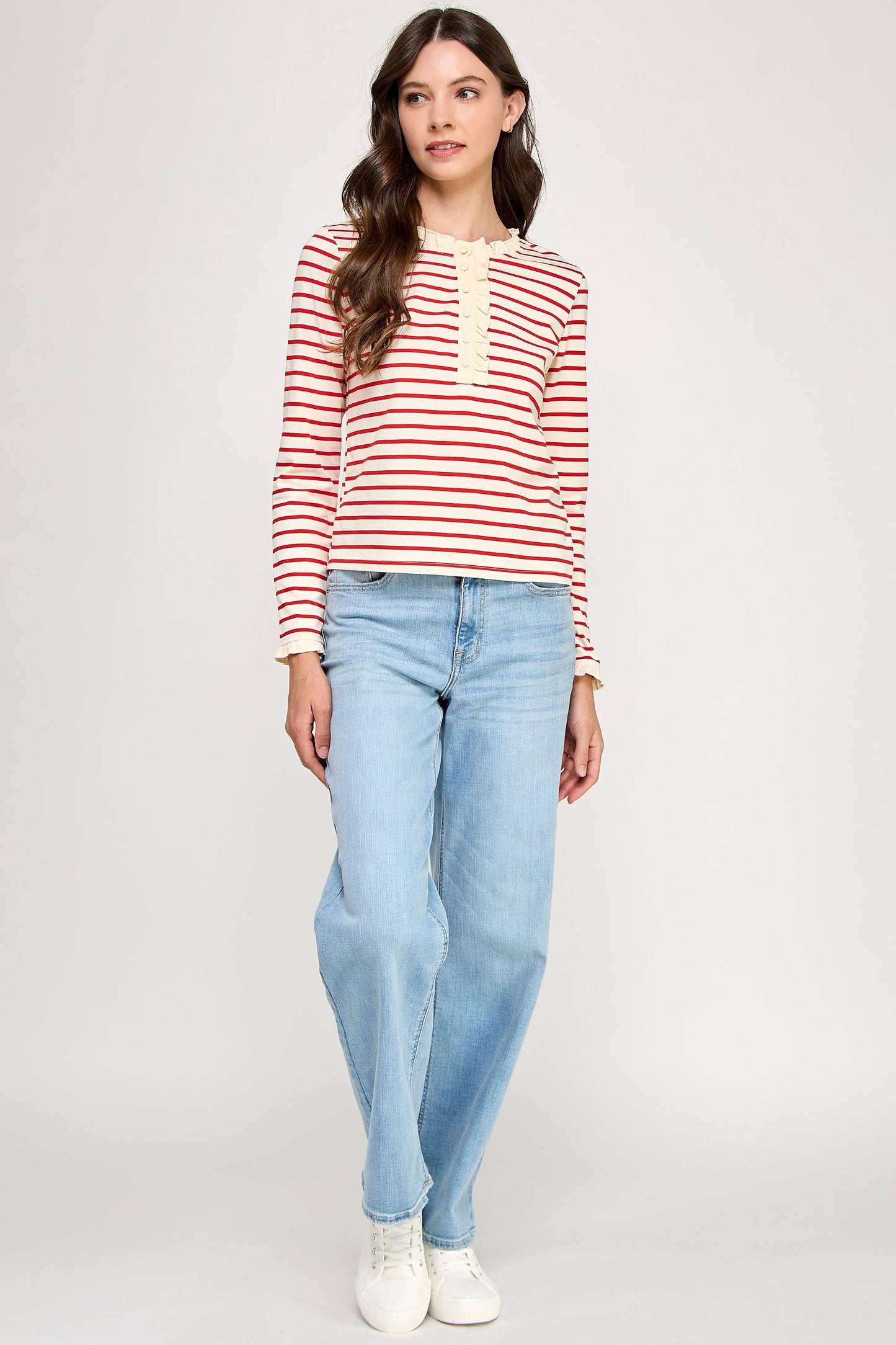 TT-10481-6 RUFFLE DETAIL STRIPED HENLEY TOP-CREAM RED