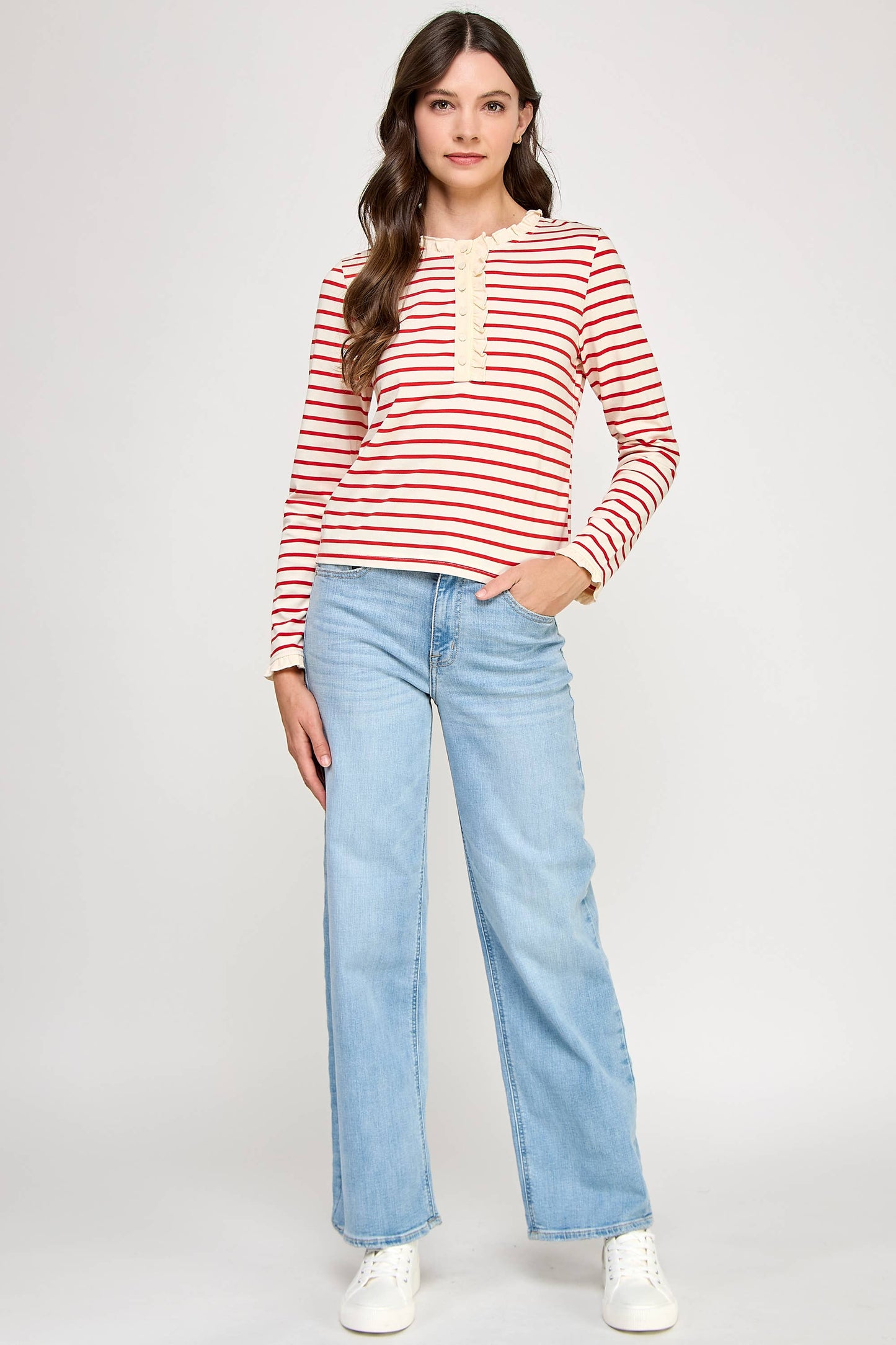 TT-10481-6 RUFFLE DETAIL STRIPED HENLEY TOP-CREAM RED