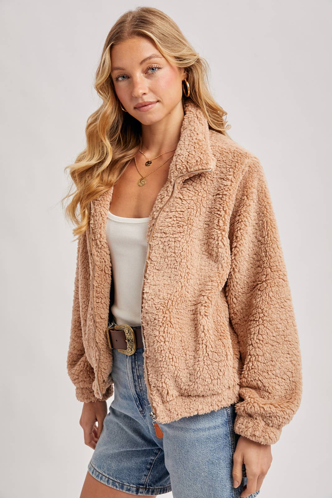 FLEECE ZIP UP TEDDY JACKET: LATTE