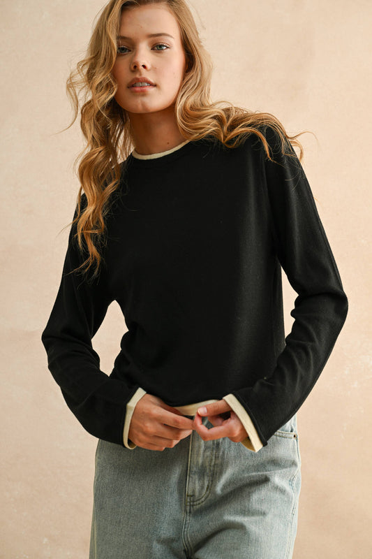 LONG SLEEVE LOOKS LAYERED KNITTED TOP: Black