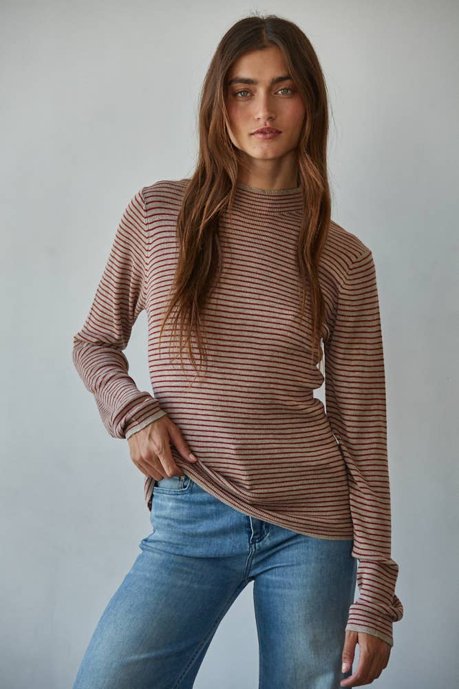 Knit Sweater Striped Mock Neck Long Sleeve Top: Taupe Red