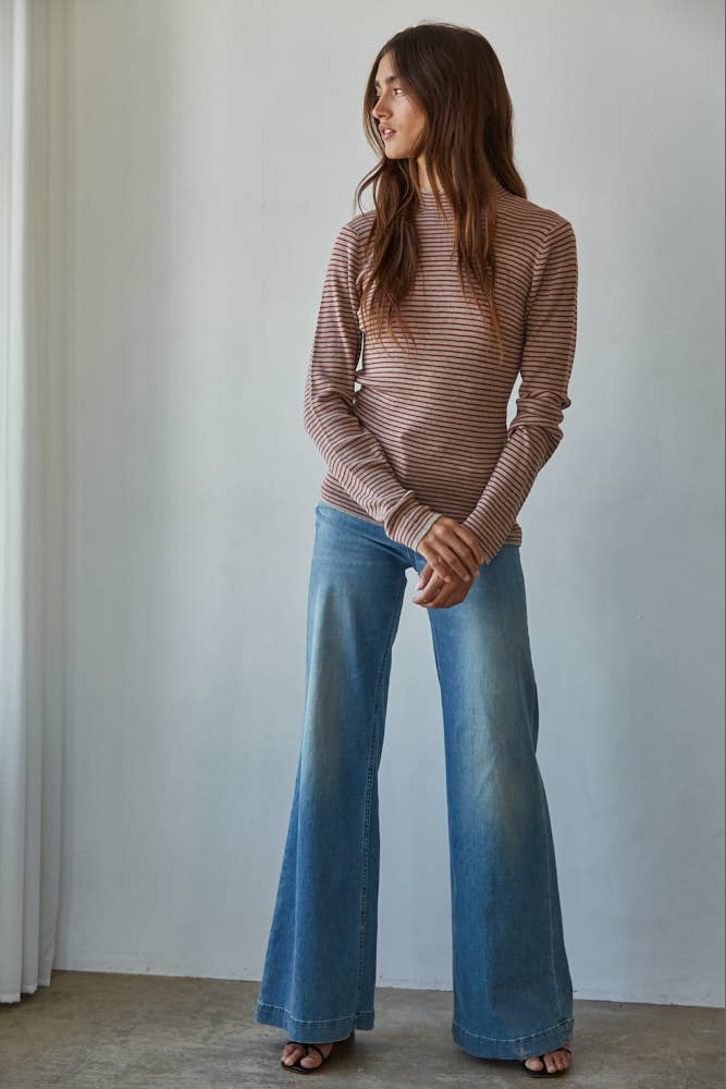 Knit Sweater Striped Mock Neck Long Sleeve Top: Taupe Red