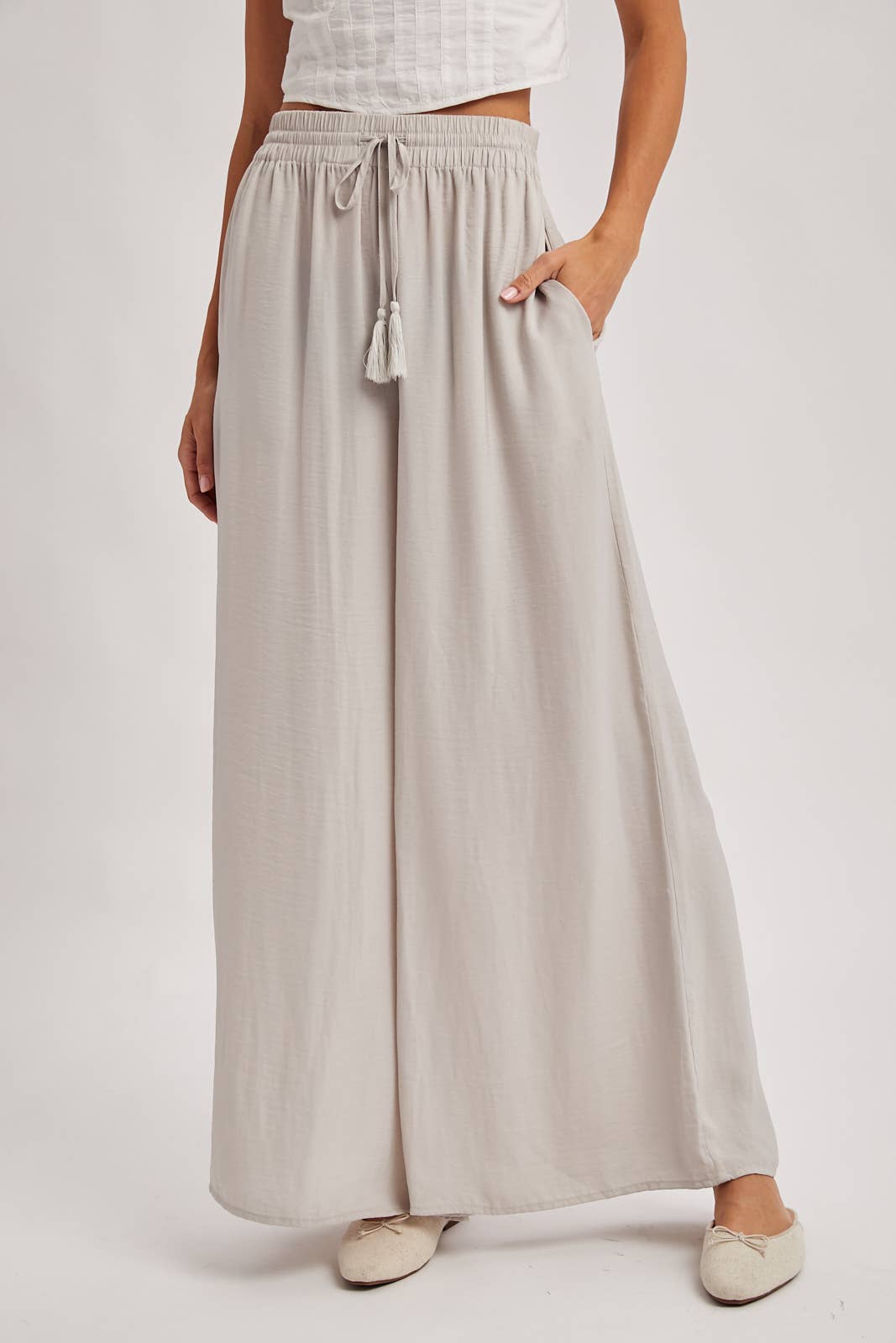 SILKY PALAZZO WIDE LEG PANTS: DOVE