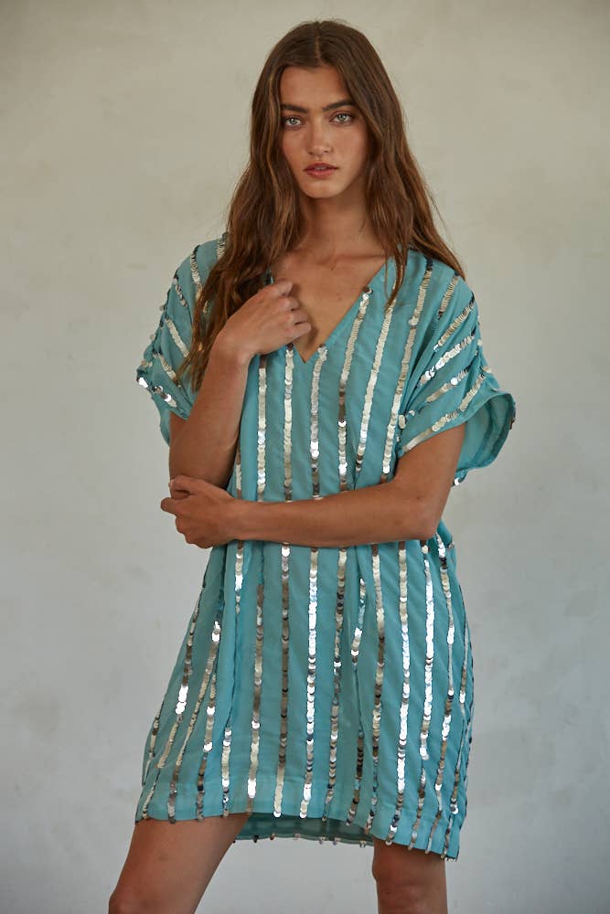 Woven Sequins V-Neck Tunic Dress: Dusty Sage