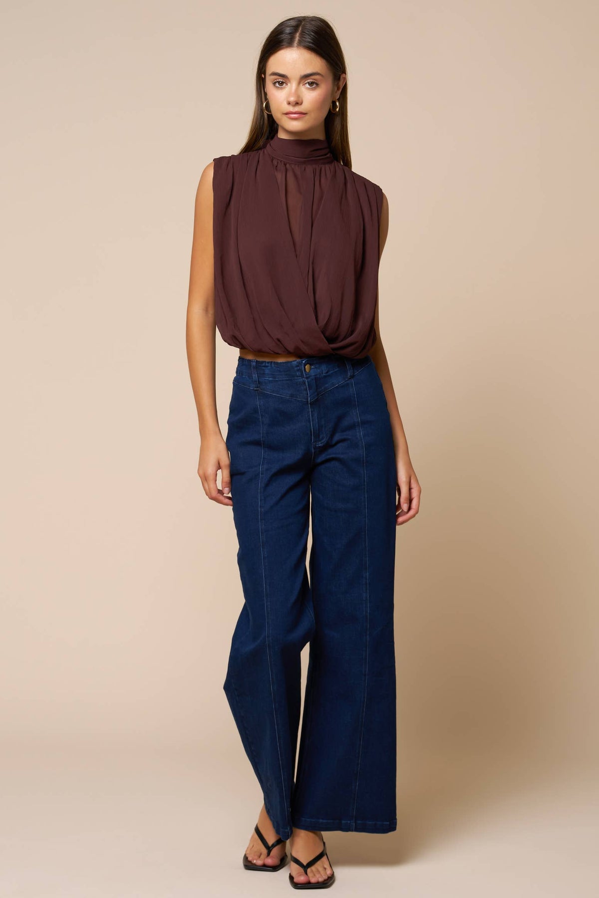 Draped Chiffon Mock Neck Sleeveless Top: DK CHOCOLATE