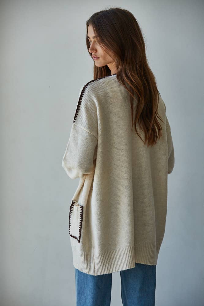 Knit Sweater Contrast Stitch Open Cardigan: Light Beige