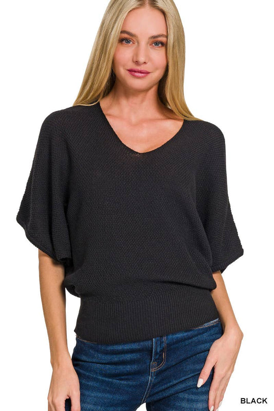 Neck Short Sleeve Dolman Sweater: BLACK