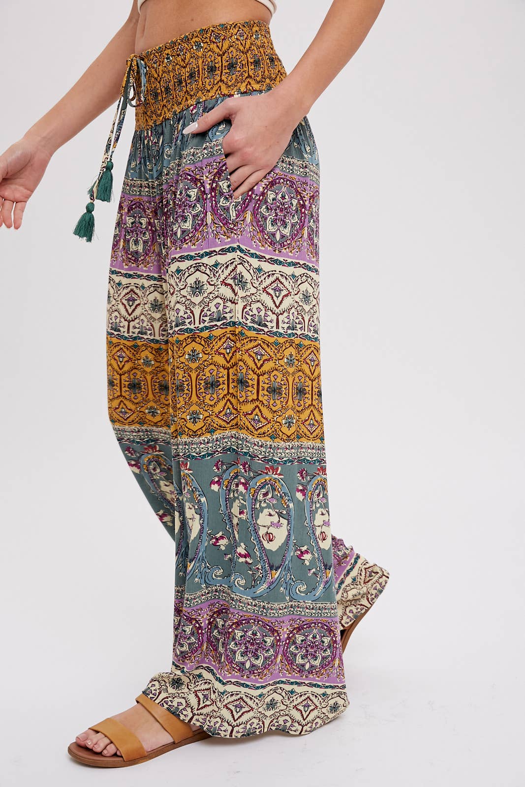 BOHO SMOCKING WAIST WIDE LEG PANTS: PINK/CLAY
