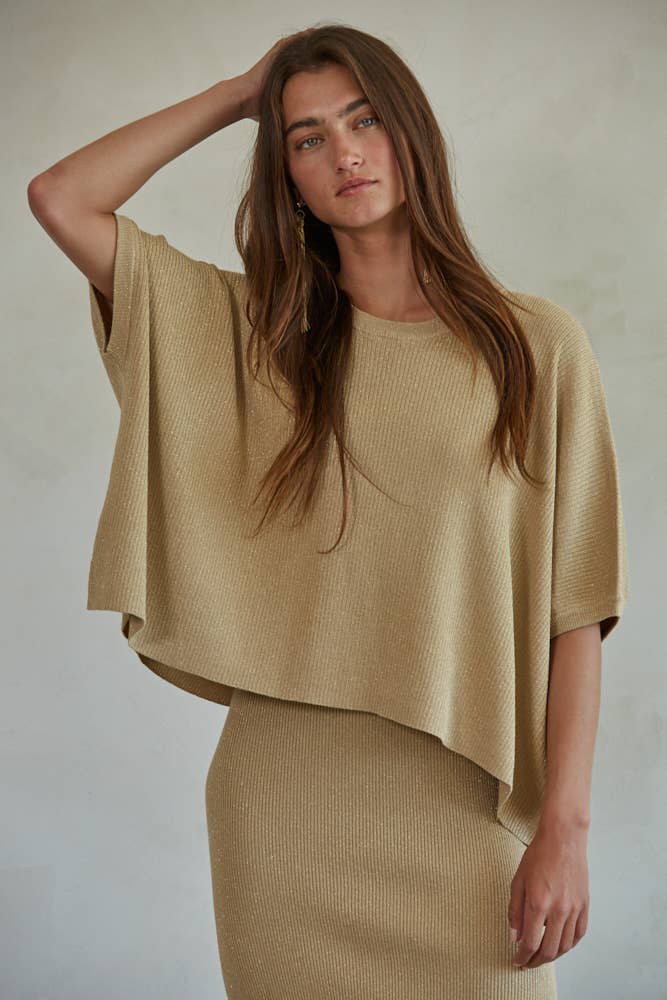 Knit Sweater Ribbed Short Sleeve Pullover Top: Gold