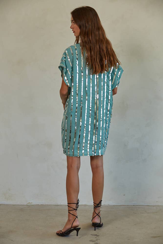 Woven Sequins V-Neck Tunic Dress: Dusty Sage