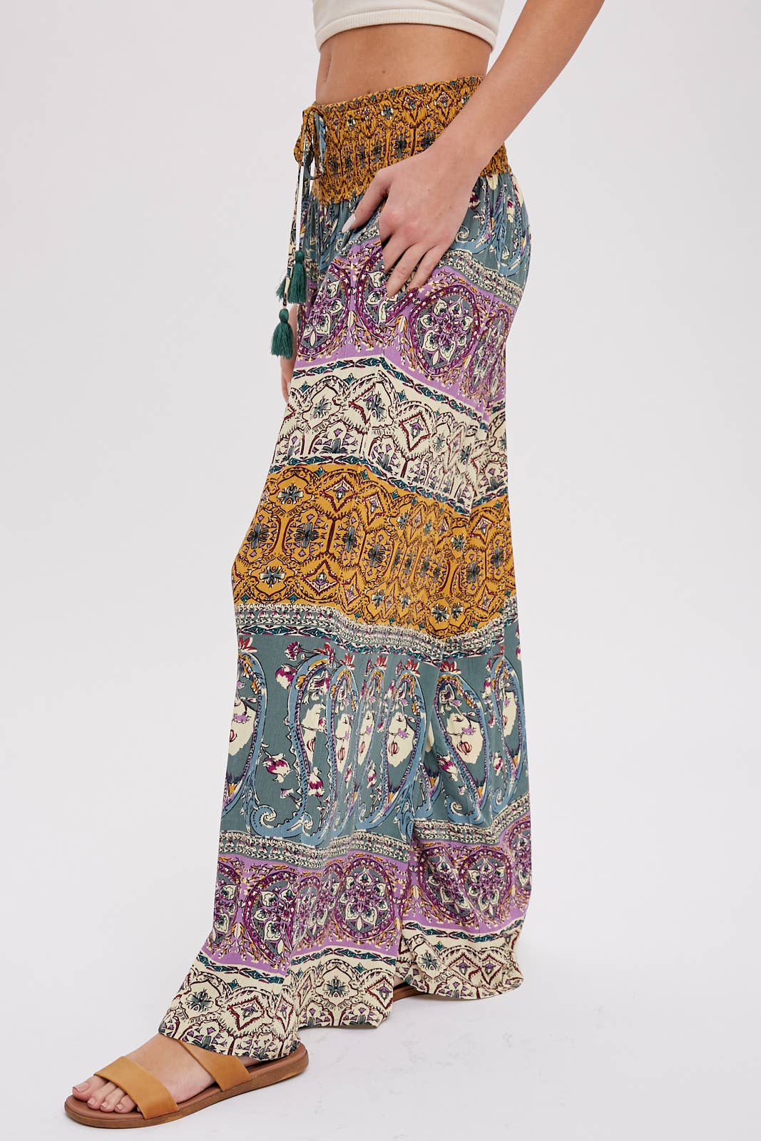 BOHO SMOCKING WAIST WIDE LEG PANTS: PINK/CLAY