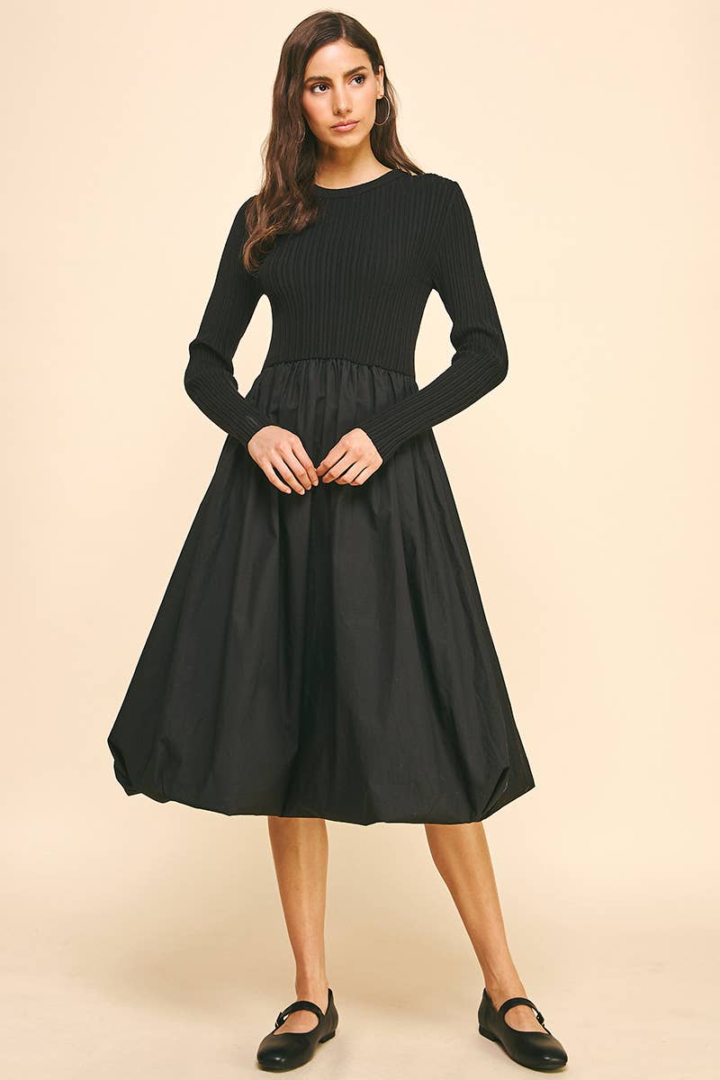 CONTRAST BALLOON MIDI DRESS Black