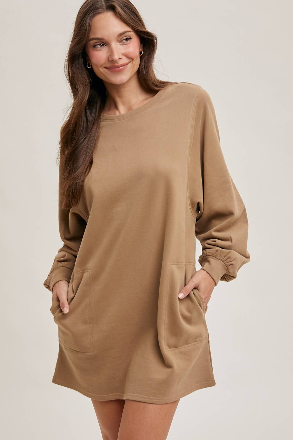 FRENCH TERRY MINI DRESS: LATTE