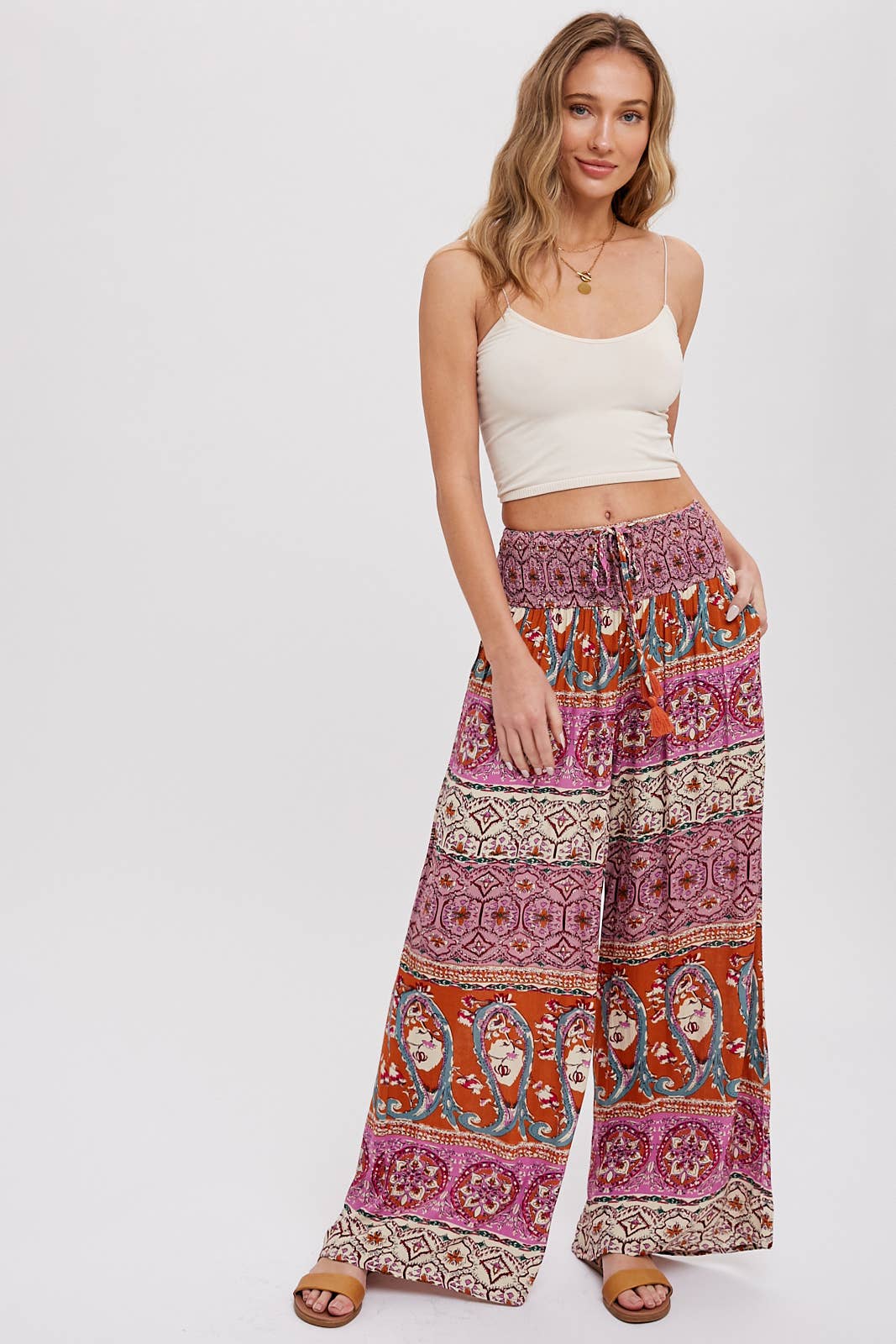 BOHO SMOCKING WAIST WIDE LEG PANTS: PINK/CLAY