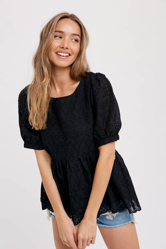 BLACK EYELET LACE PUFF SLEEVE PEPLUM TOP