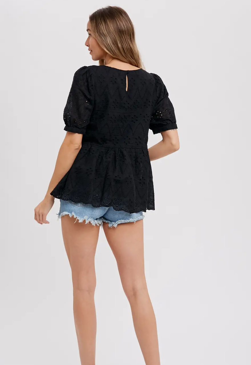 BLACK EYELET LACE PUFF SLEEVE PEPLUM TOP